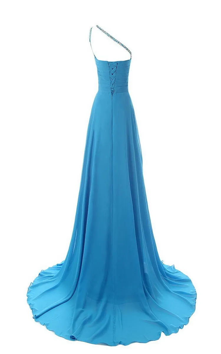 Gorgeous One-shoulder Court Train With Crystal Embellishments-309480