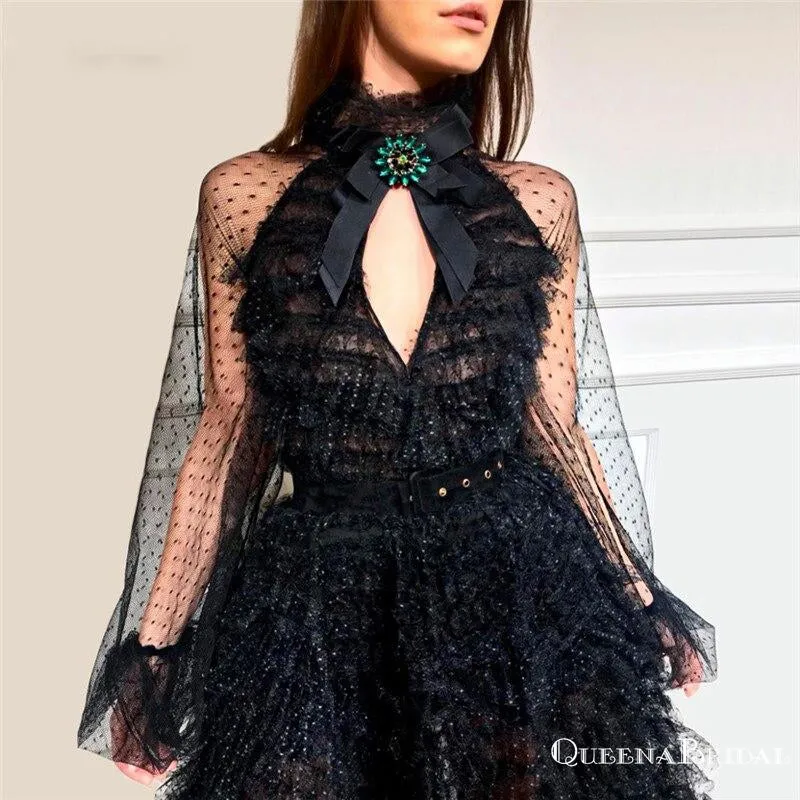 Gorgeus Halter Open Chest Long Sleeves Black Tulle A-line Long Cheap Evening Party Prom Dresses, PDS0017