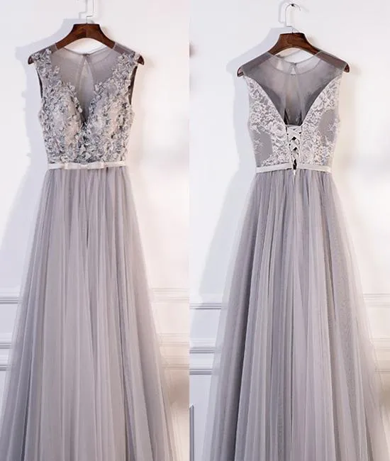 Gray Round Neck Lace Tulle Long Prom Dress