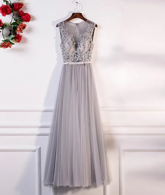 Gray Round Neck Lace Tulle Long Prom Dress