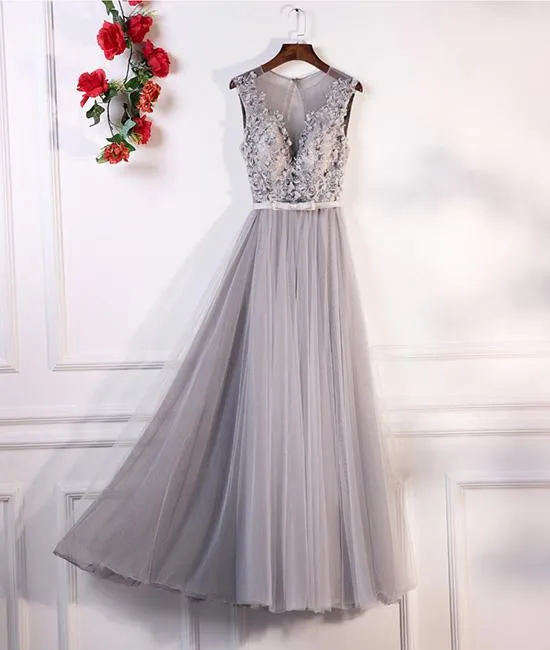 Gray Round Neck Lace Tulle Long Prom Dress