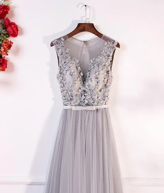 Gray Round Neck Lace Tulle Long Prom Dress