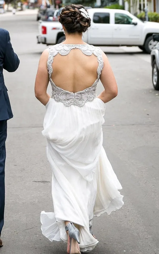 Grecian A-Line V-neck Chiffon Wedding Dress With Open Back And Beading-716600