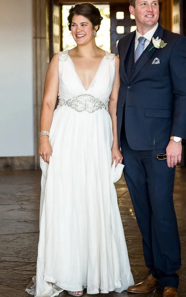 Grecian A-Line V-neck Chiffon Wedding Dress With Open Back And Beading-716600