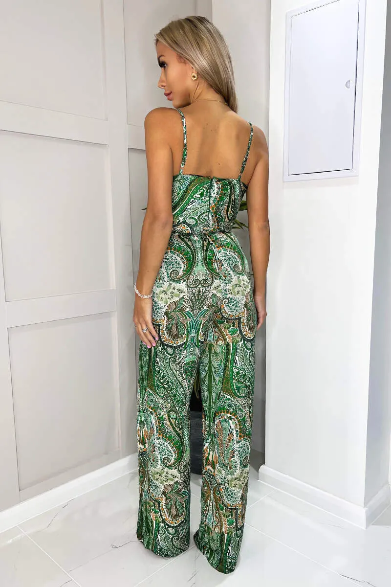 Green Paisley Print Strappy Jumpsuit