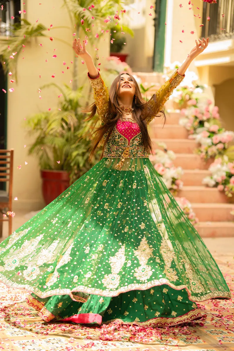 Green Pishwas Frock and Lehenga Pakistani Bridal Dress
