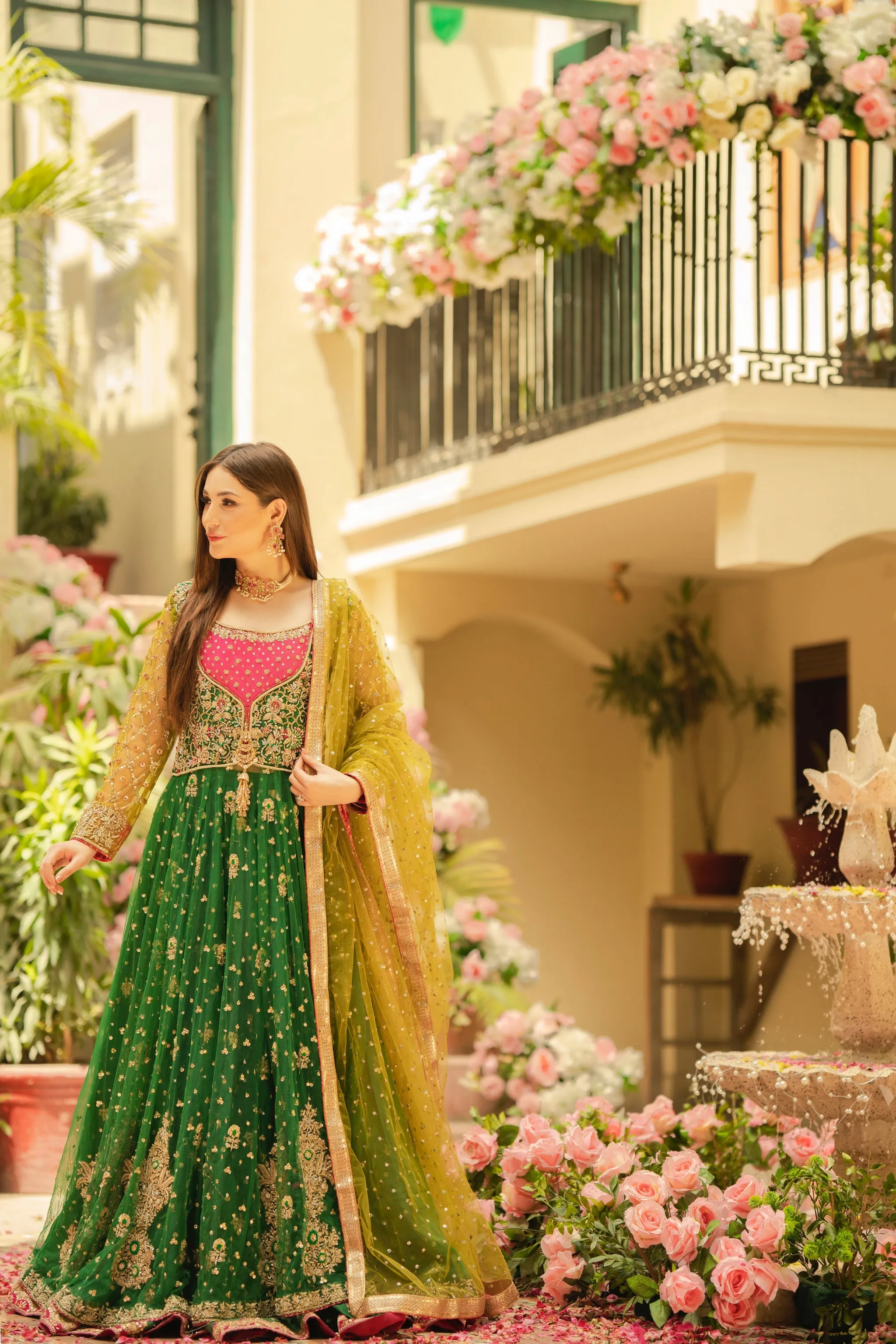 Green Pishwas Frock and Lehenga Pakistani Bridal Dress
