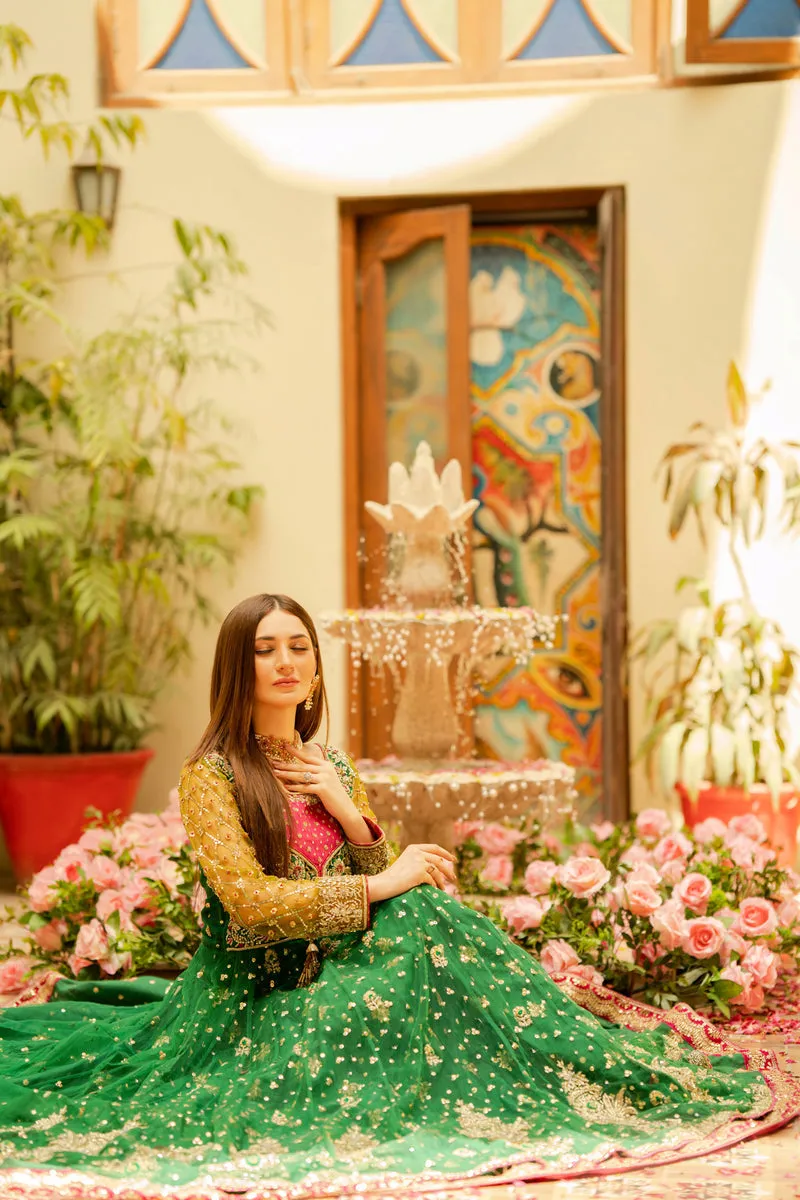 Green Pishwas Frock and Lehenga Pakistani Bridal Dress
