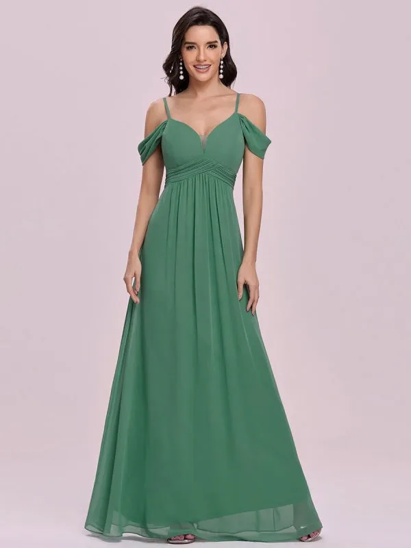 Green Prom Dress Chiffon V-Neck A-Line Sleeveless Pleated Maxi Wedding Guest Dresses