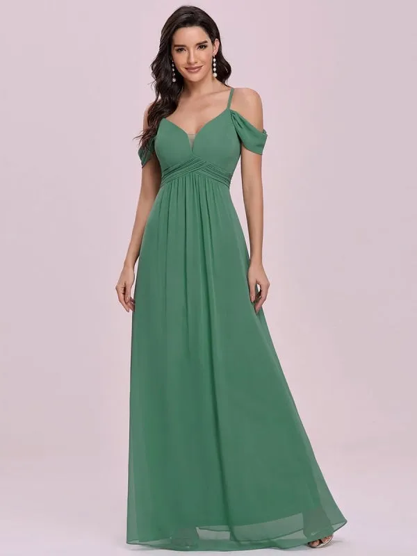 Green Prom Dress Chiffon V-Neck A-Line Sleeveless Pleated Maxi Wedding Guest Dresses