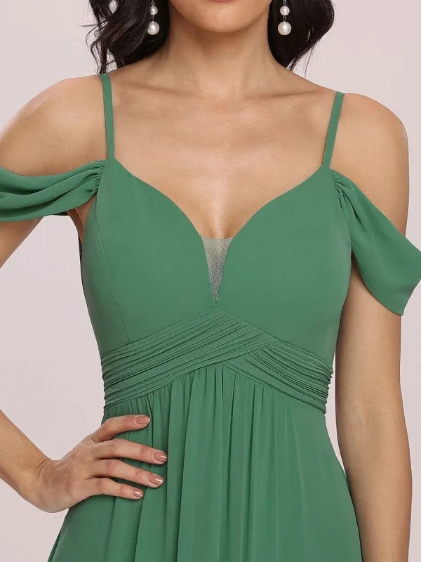 Green Prom Dress Chiffon V-Neck A-Line Sleeveless Pleated Maxi Wedding Guest Dresses