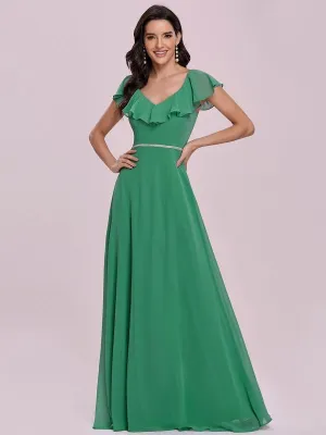 Green Prom Dress V-Neck A-Line Sleeveless Ruffles Chiffon Floor-Length Evening Dresses