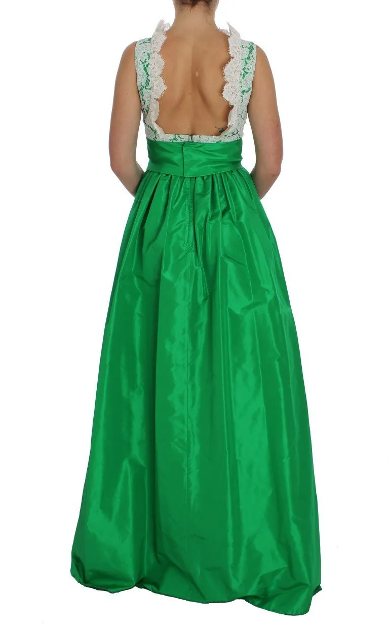 Green White Lace Silk Princess Maxi Dress