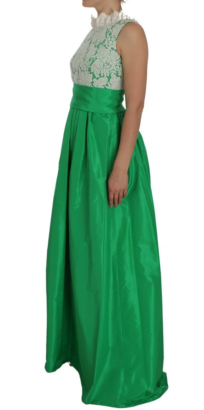 Green White Lace Silk Princess Maxi Dress
