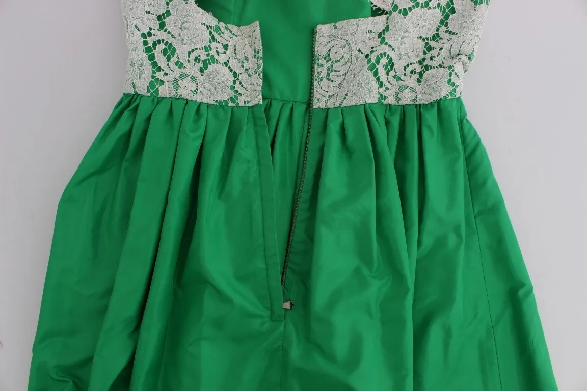 Green White Lace Silk Princess Maxi Dress