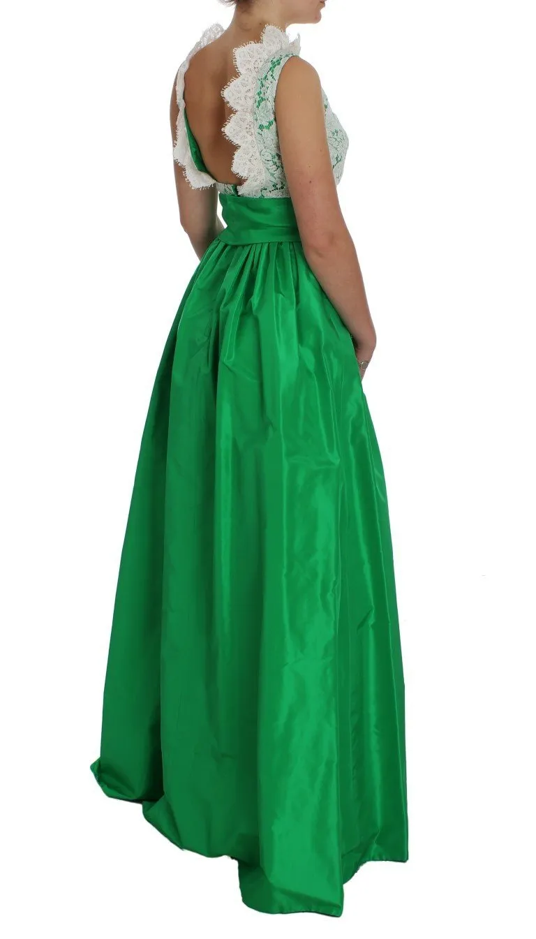 Green White Lace Silk Princess Maxi Dress