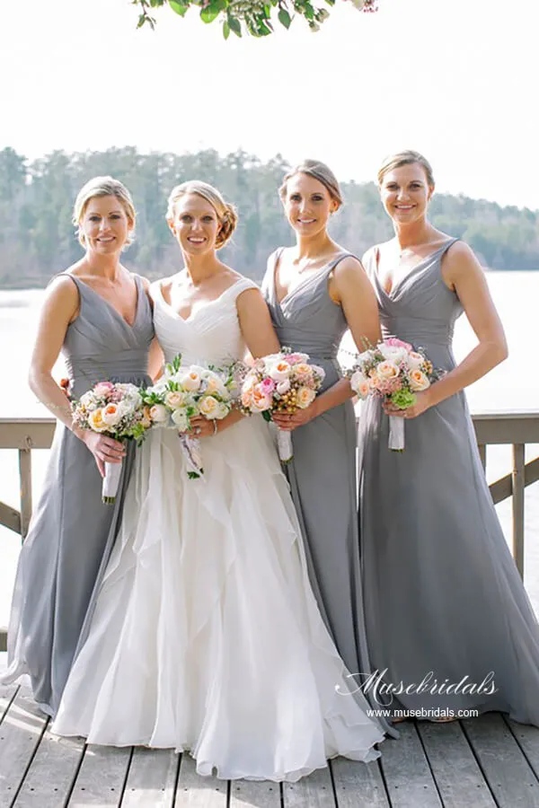 Grey Chiffon Classic A-line Bridesmaid Dresses, Maid Of Honor Dresses, MBD237