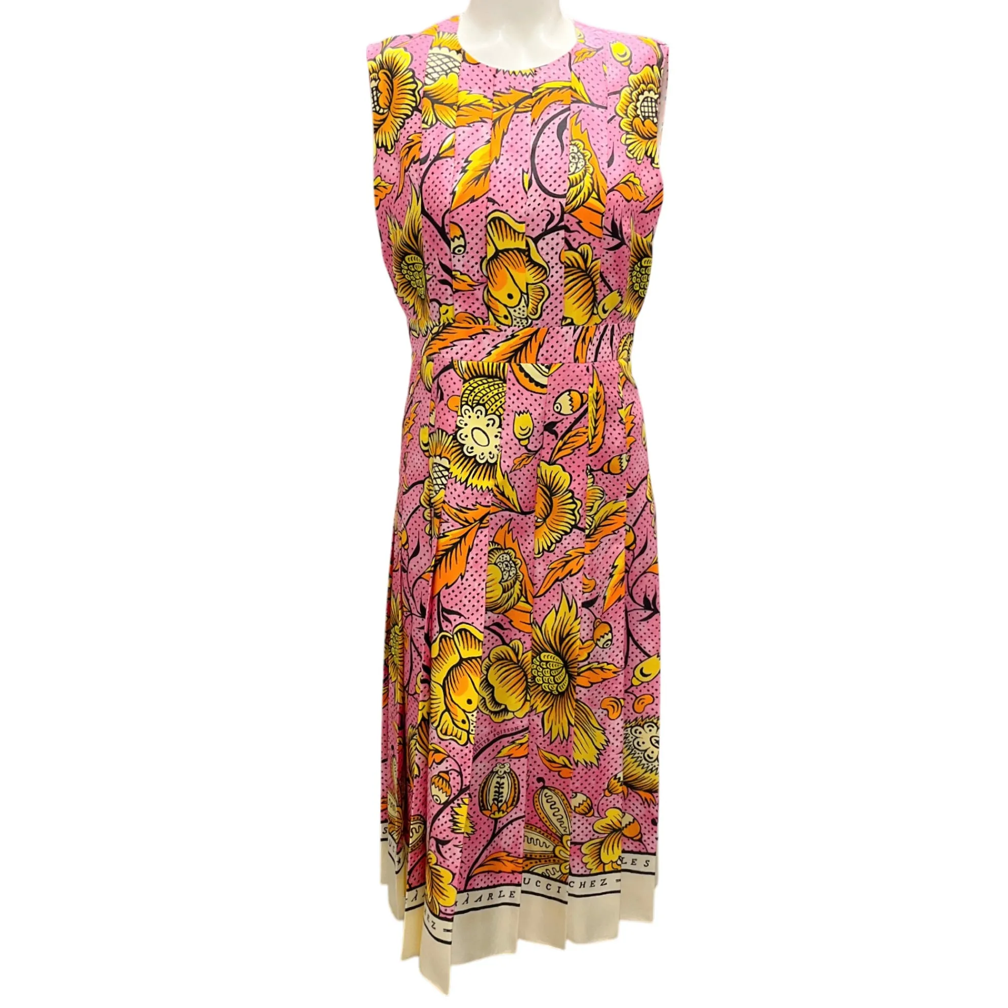 Gucci Pink Multi 2018 Pleated Floral Sleeveless Silk Midi Dress