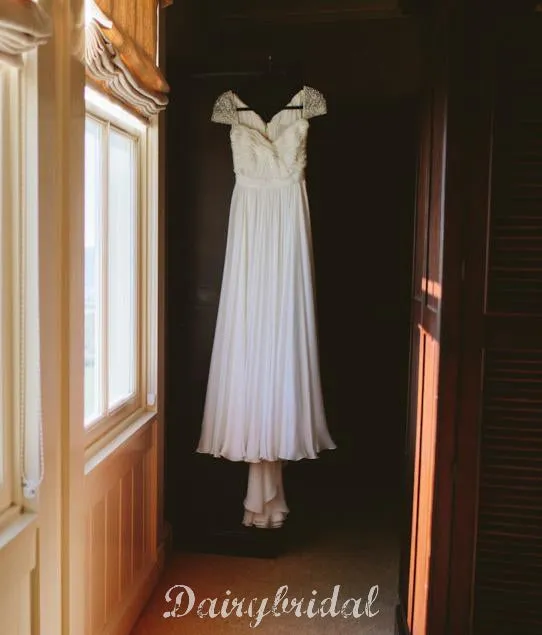 Honest A-Line Cap Sleeve Chiffon Cheap Beaded Wedding Dresses, FC1655