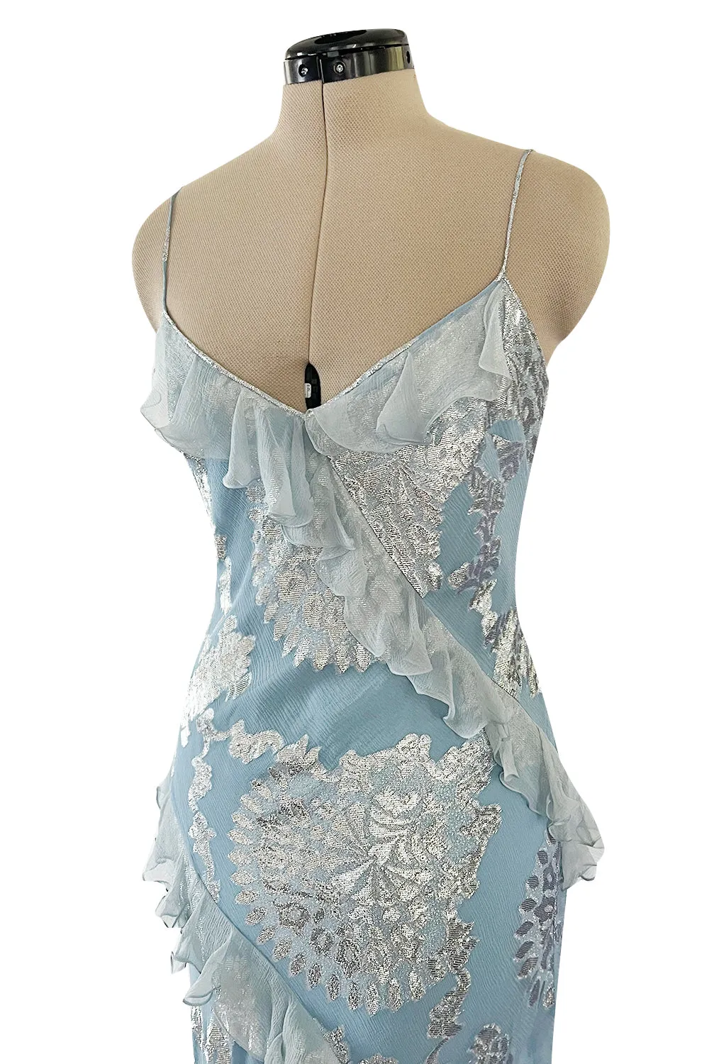 Iconic Fall 2004 John Galliano Bias Cut Blue Dress w Ruffles & Metallic Silver Detailing