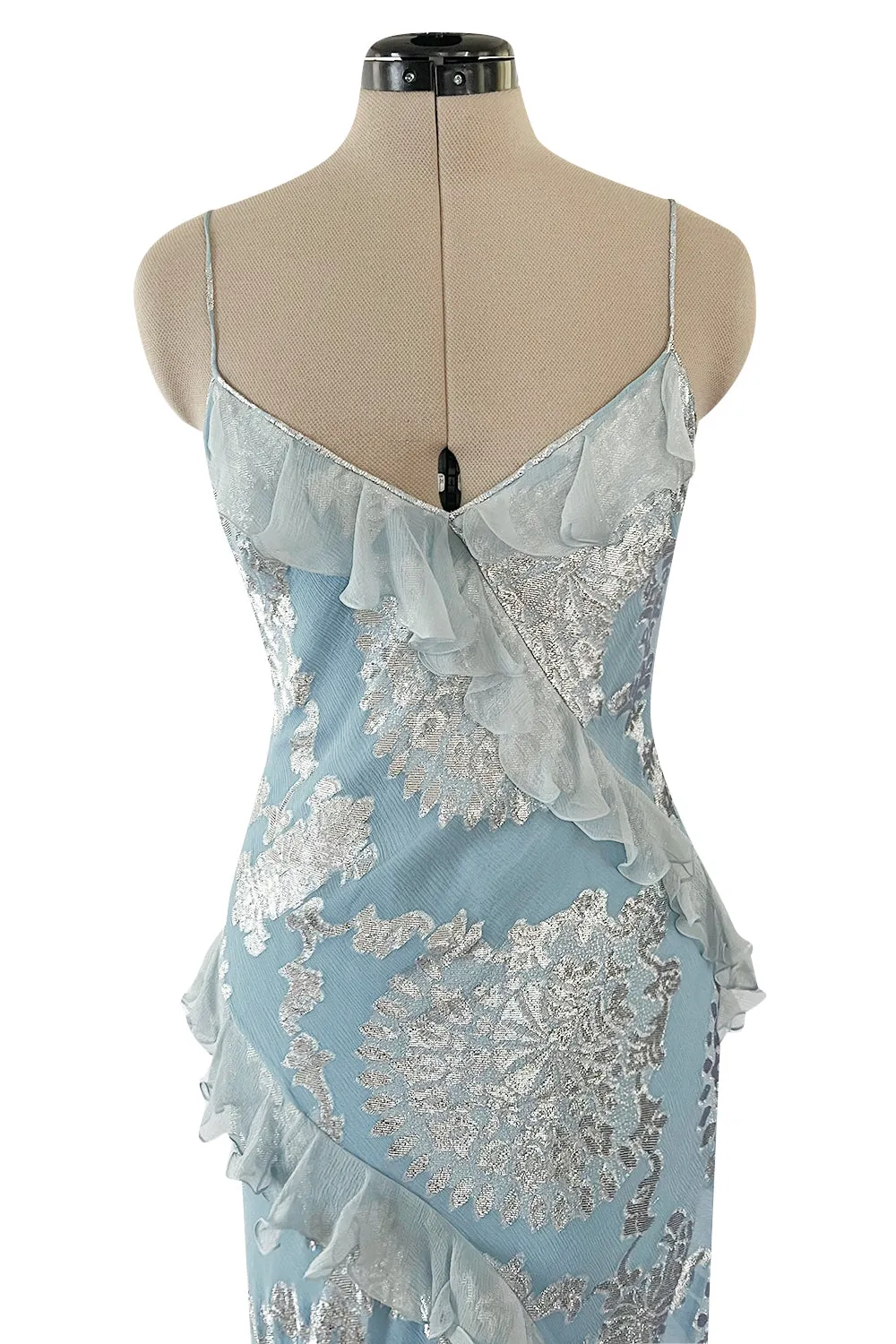 Iconic Fall 2004 John Galliano Bias Cut Blue Dress w Ruffles & Metallic Silver Detailing
