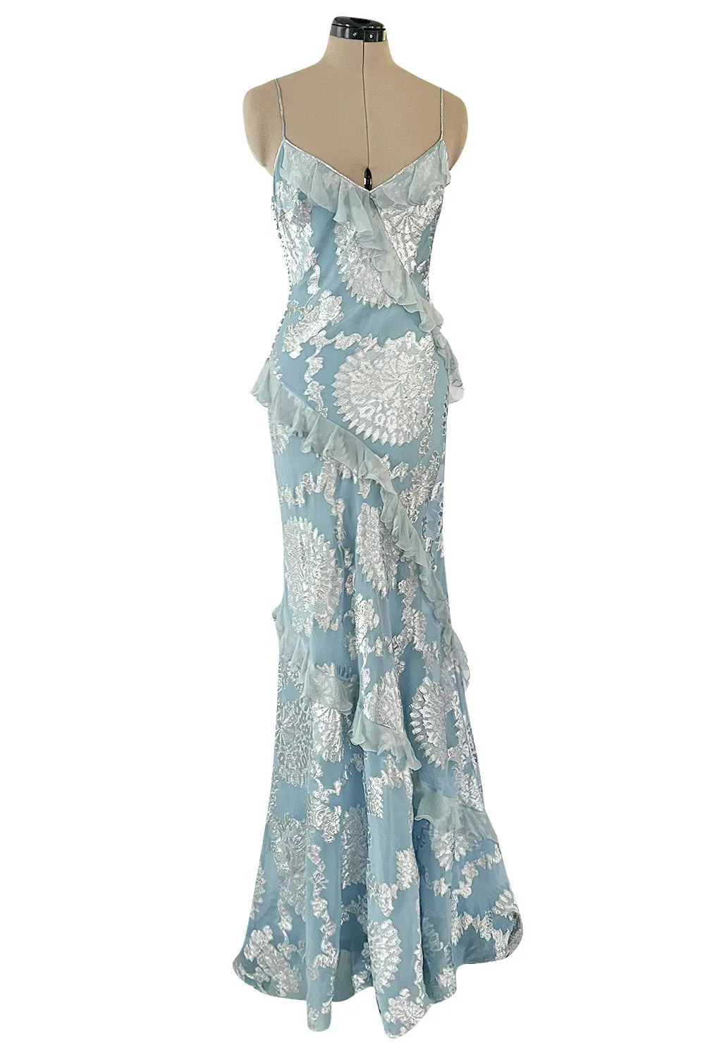 Iconic Fall 2004 John Galliano Bias Cut Blue Dress w Ruffles & Metallic Silver Detailing
