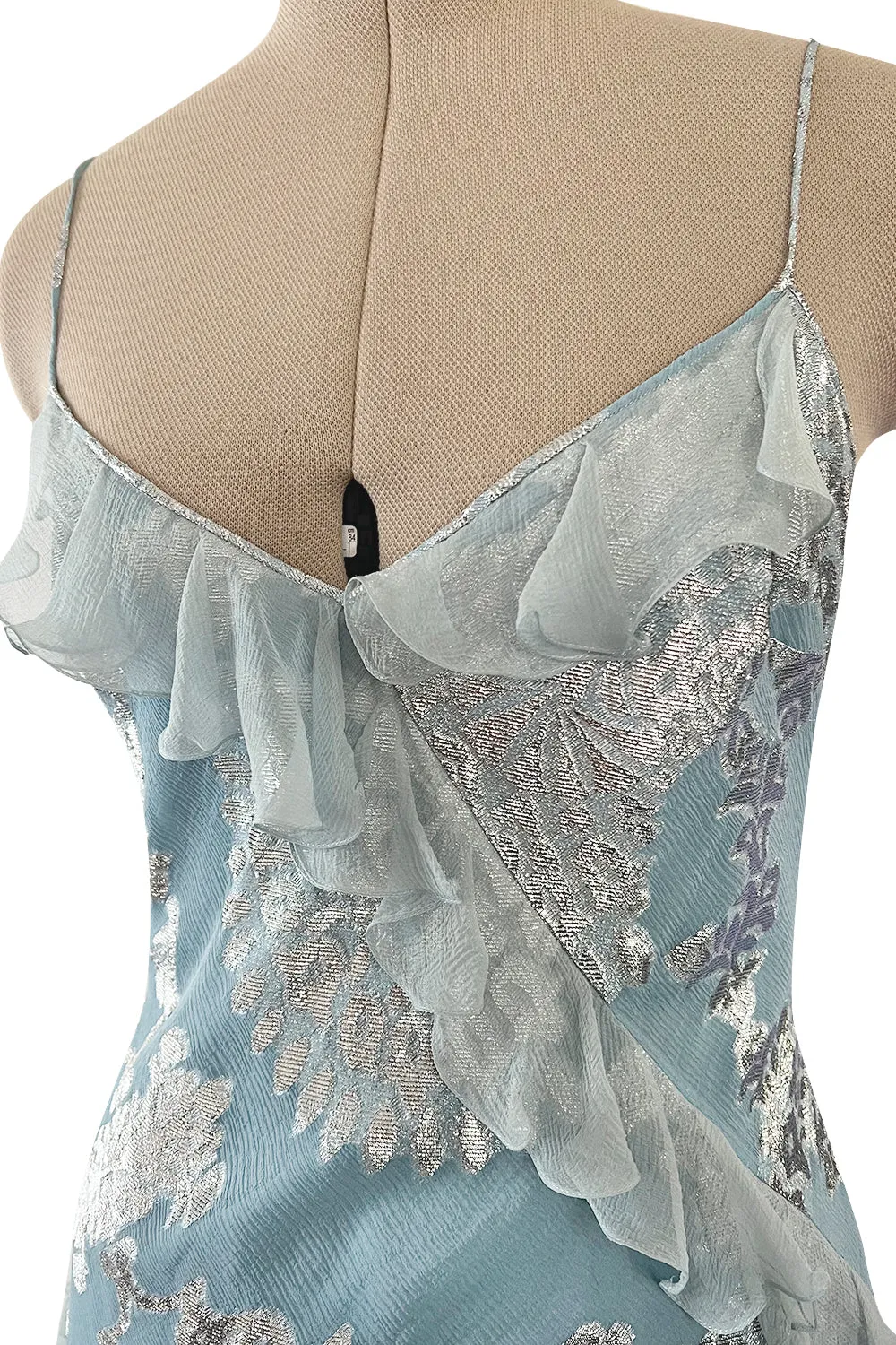 Iconic Fall 2004 John Galliano Bias Cut Blue Dress w Ruffles & Metallic Silver Detailing