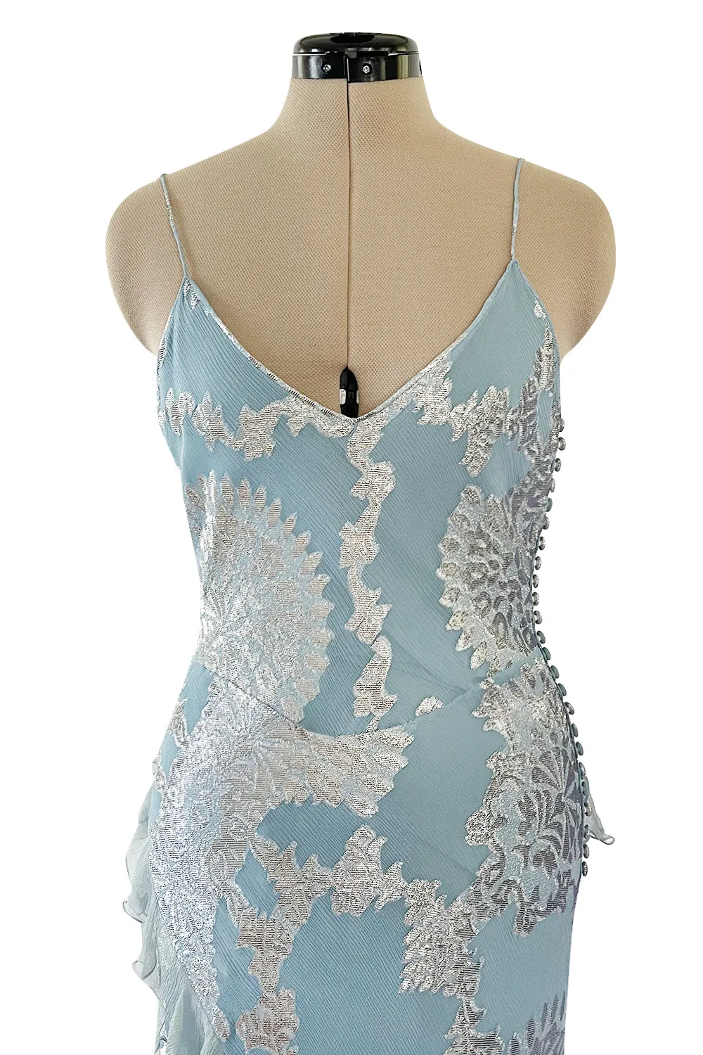 Iconic Fall 2004 John Galliano Bias Cut Blue Dress w Ruffles & Metallic Silver Detailing