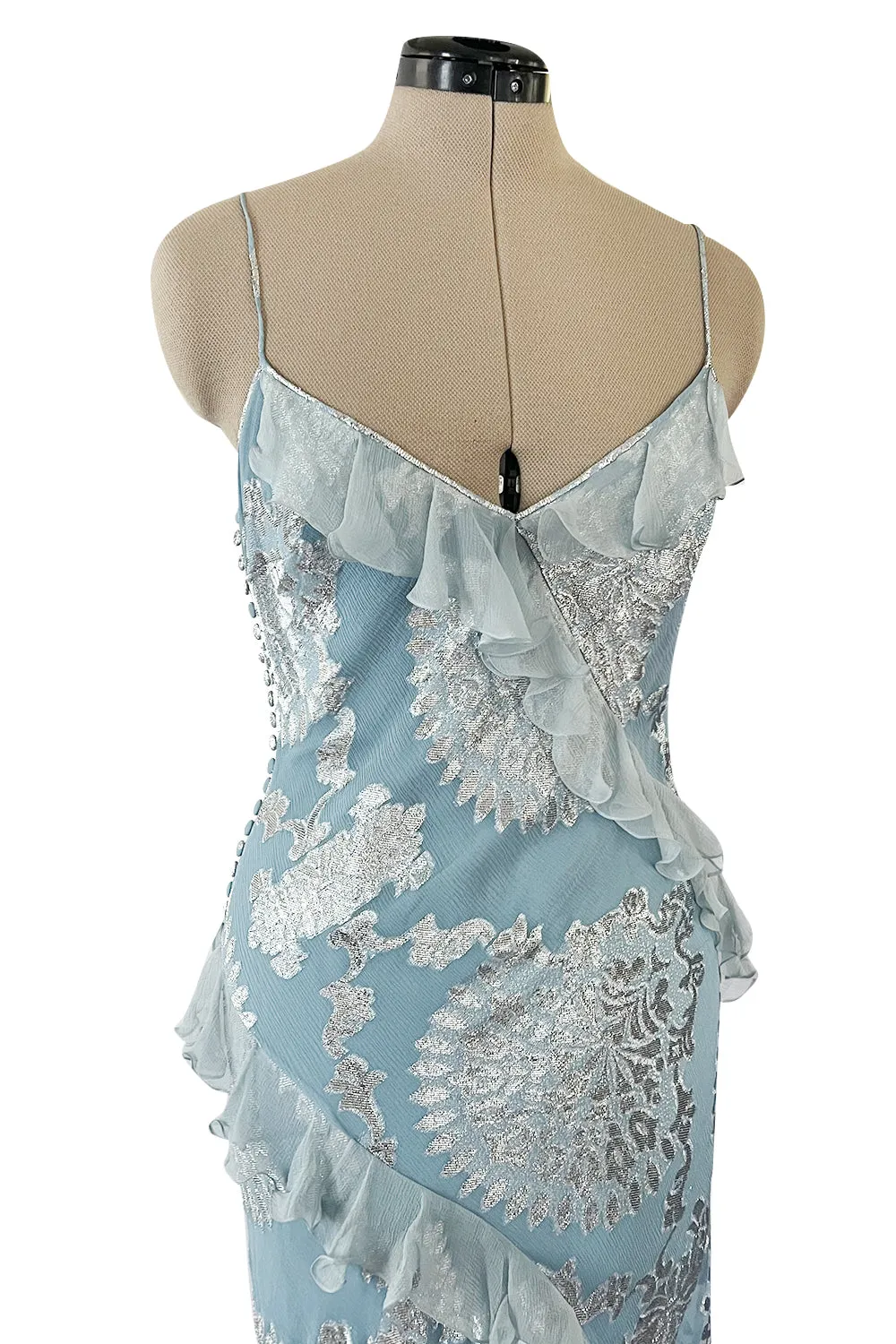 Iconic Fall 2004 John Galliano Bias Cut Blue Dress w Ruffles & Metallic Silver Detailing