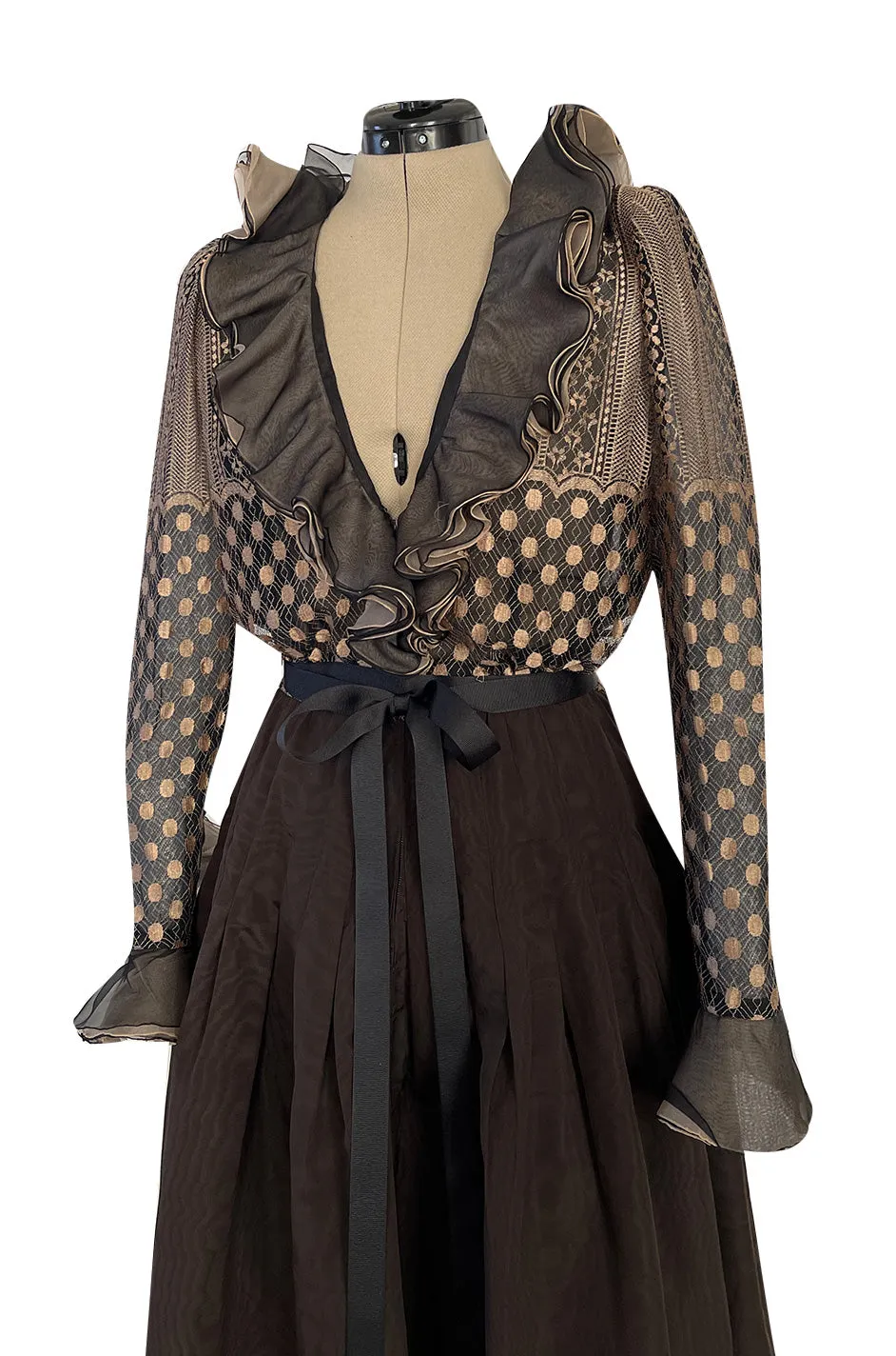 Incredible 1980s Unlabeled Haute Couture Silk Net & Brown Silk Taffeta Plunge Front Dress