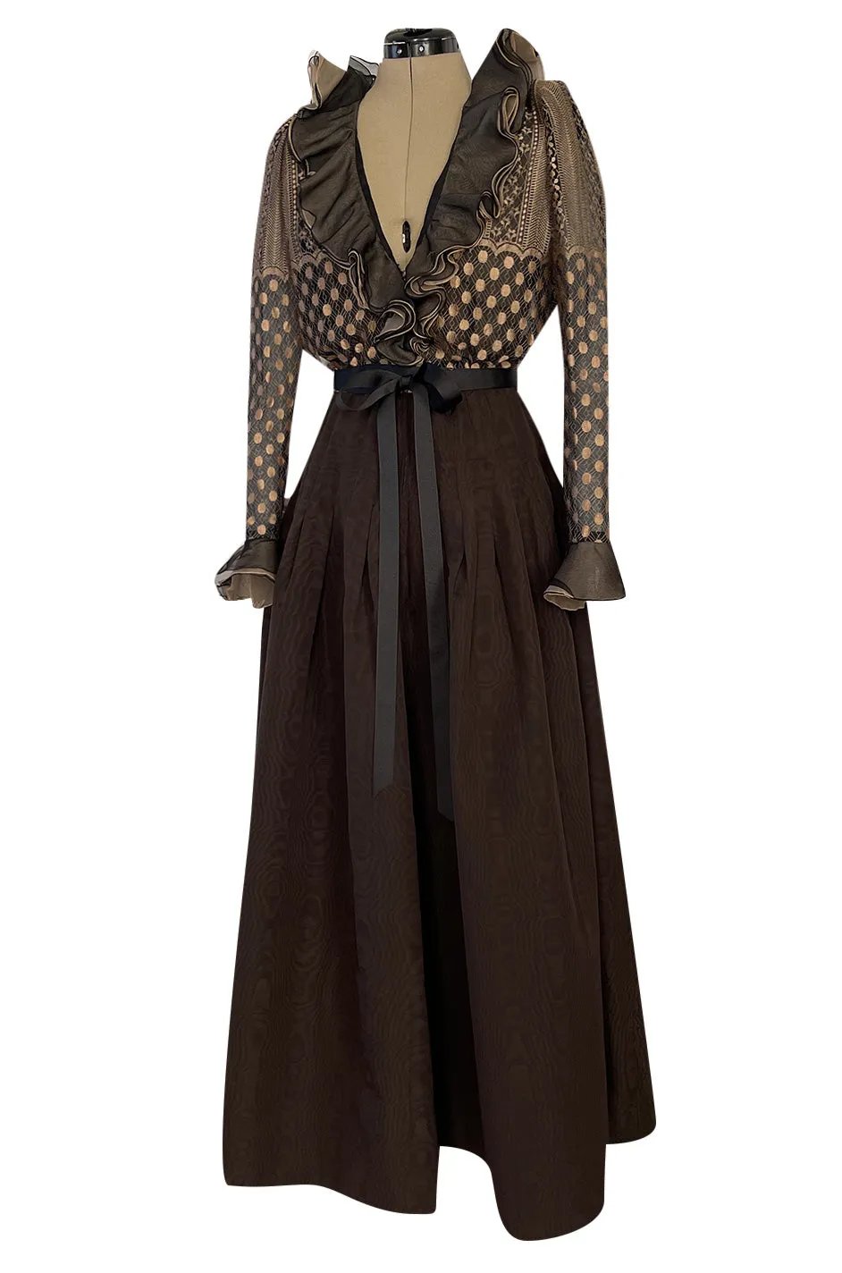 Incredible 1980s Unlabeled Haute Couture Silk Net & Brown Silk Taffeta Plunge Front Dress