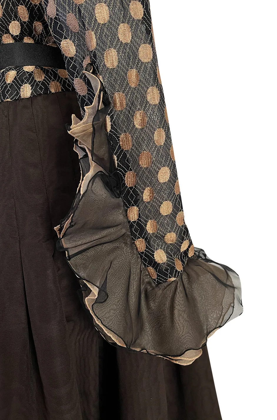 Incredible 1980s Unlabeled Haute Couture Silk Net & Brown Silk Taffeta Plunge Front Dress