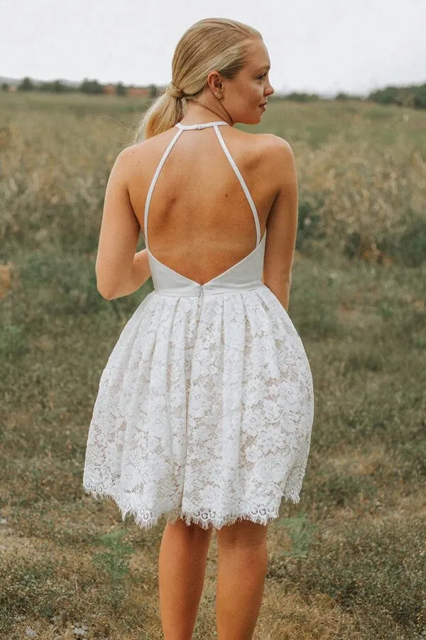 Ivory Lace A-line Backless Halter Homecoming Dresses, Short Party Dresses, MH559