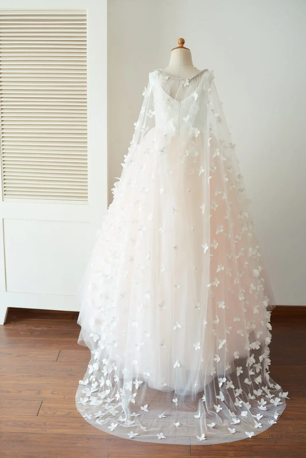 Ivory Lace Pink Tulle Wedding Party Flower Girl Dress, Butterfly Cape