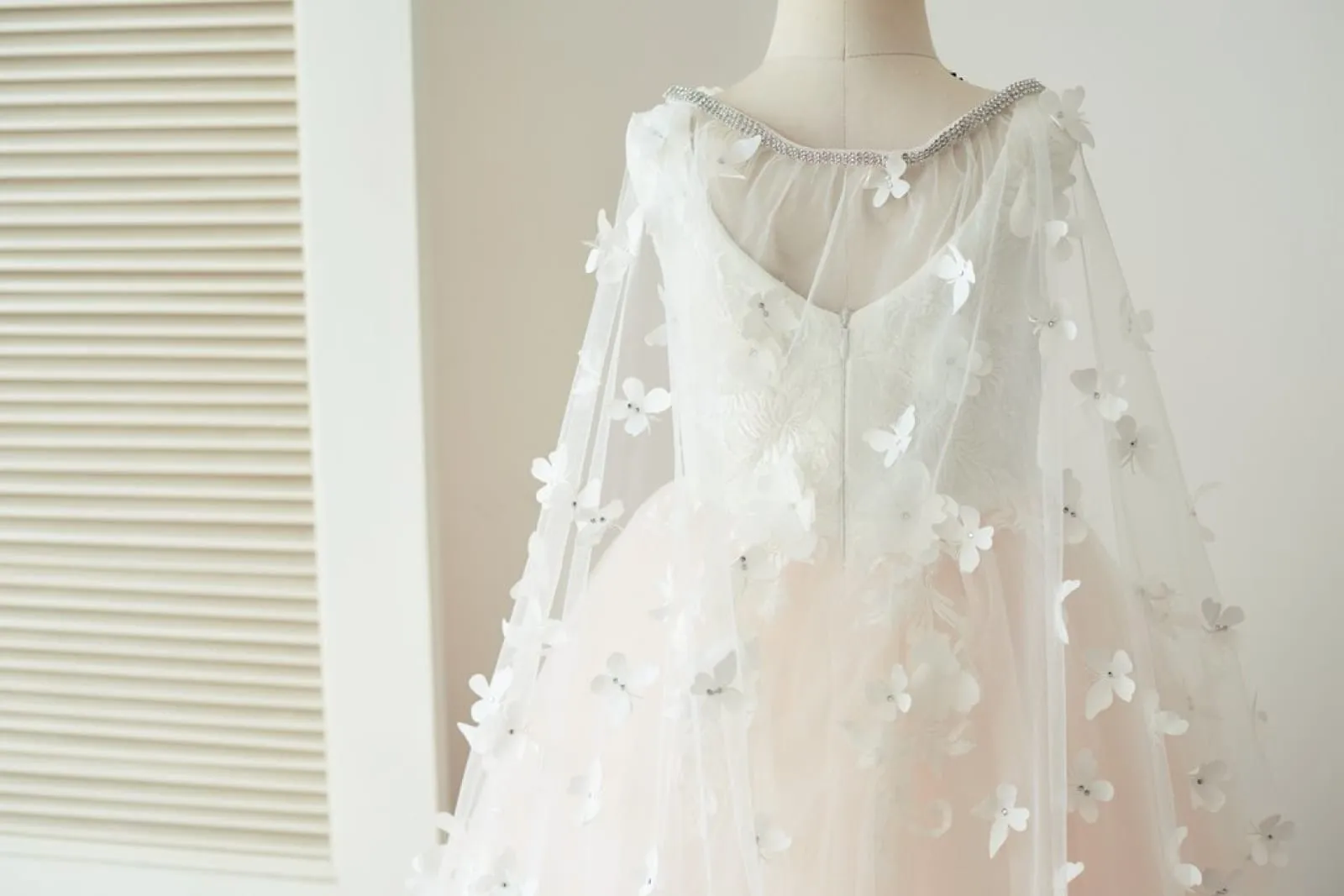 Ivory Lace Pink Tulle Wedding Party Flower Girl Dress, Butterfly Cape