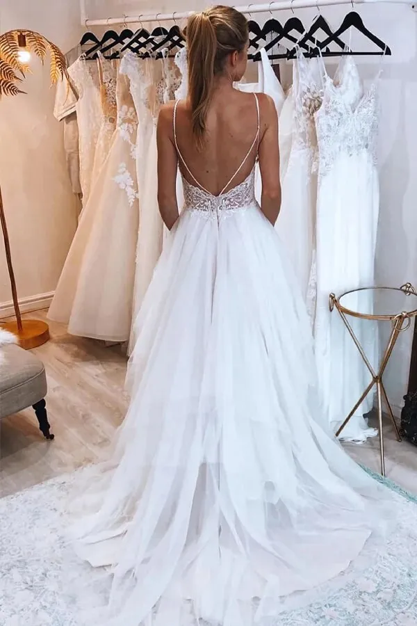 Ivory Tulle A-line Backless Spaghetti Straps Wedding Dresses With Lace, MW1078