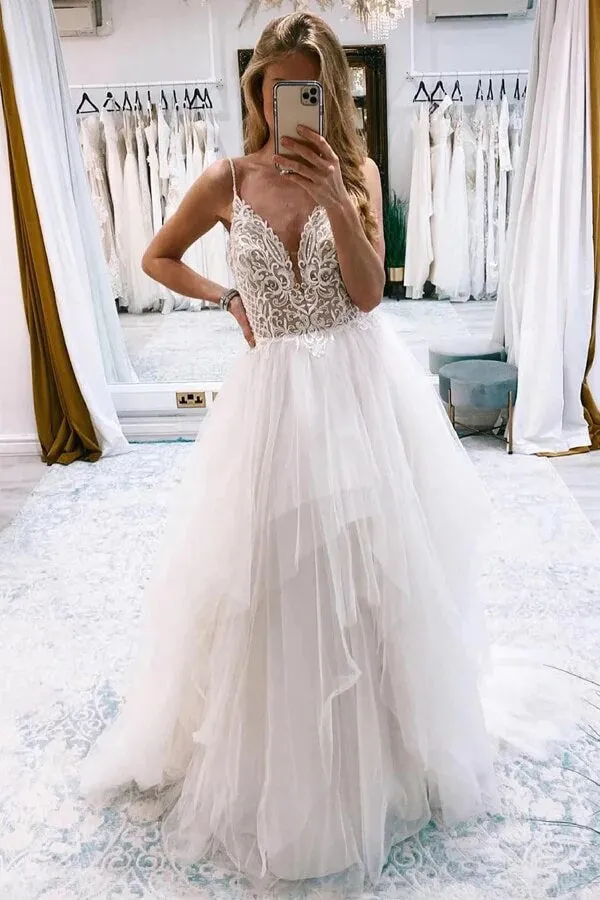 Ivory Tulle A-line Backless Spaghetti Straps Wedding Dresses With Lace, MW1078