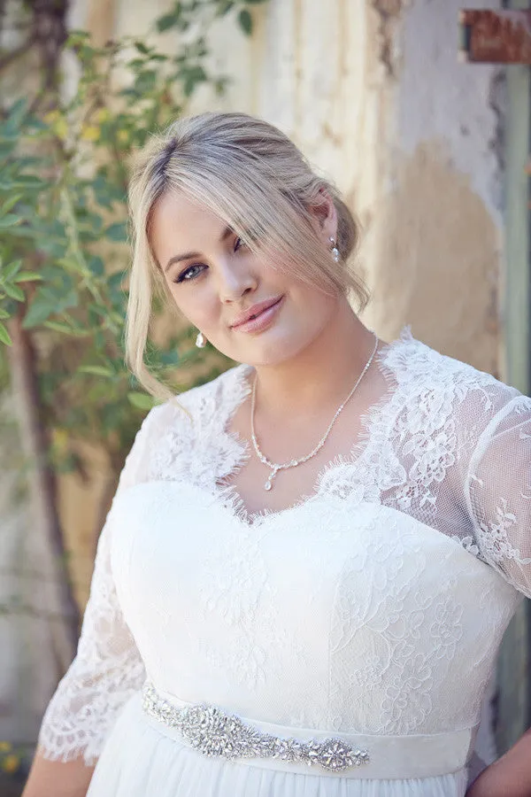 Jeweled Half-Sleeve V-Neck Chiffon Plus Size Wedding Dress With Pleats-MK_705605