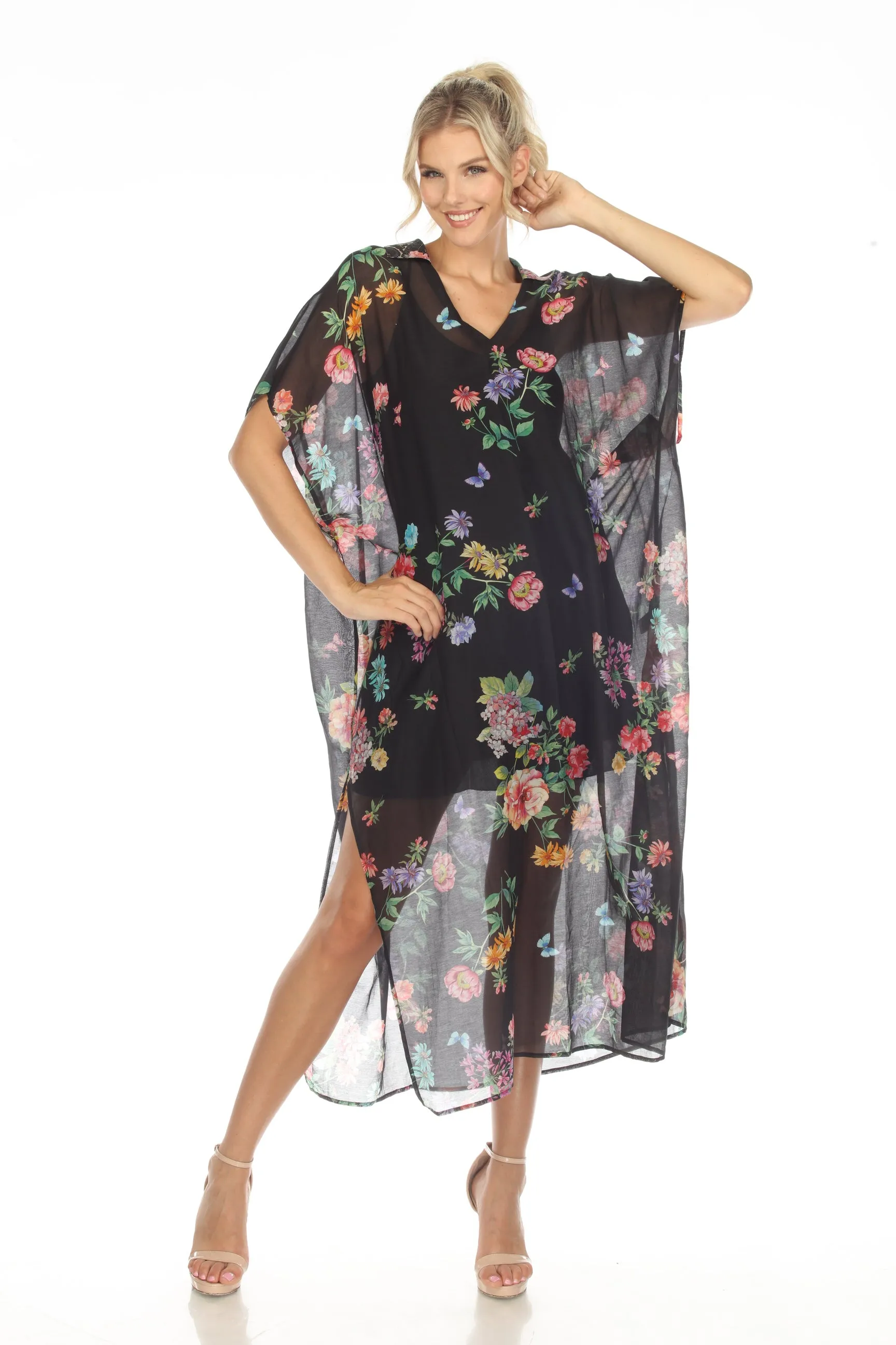 Johnny Was Black Butterfly Collared Swim Cover-Up Kaftan Dress Boho Chic CSW3523