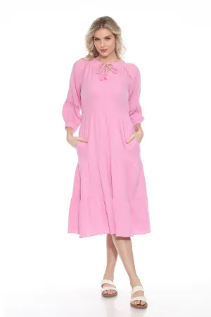 Johnny Was Calme Light Pink Elastic Waist Tiered Midi Dress O31124