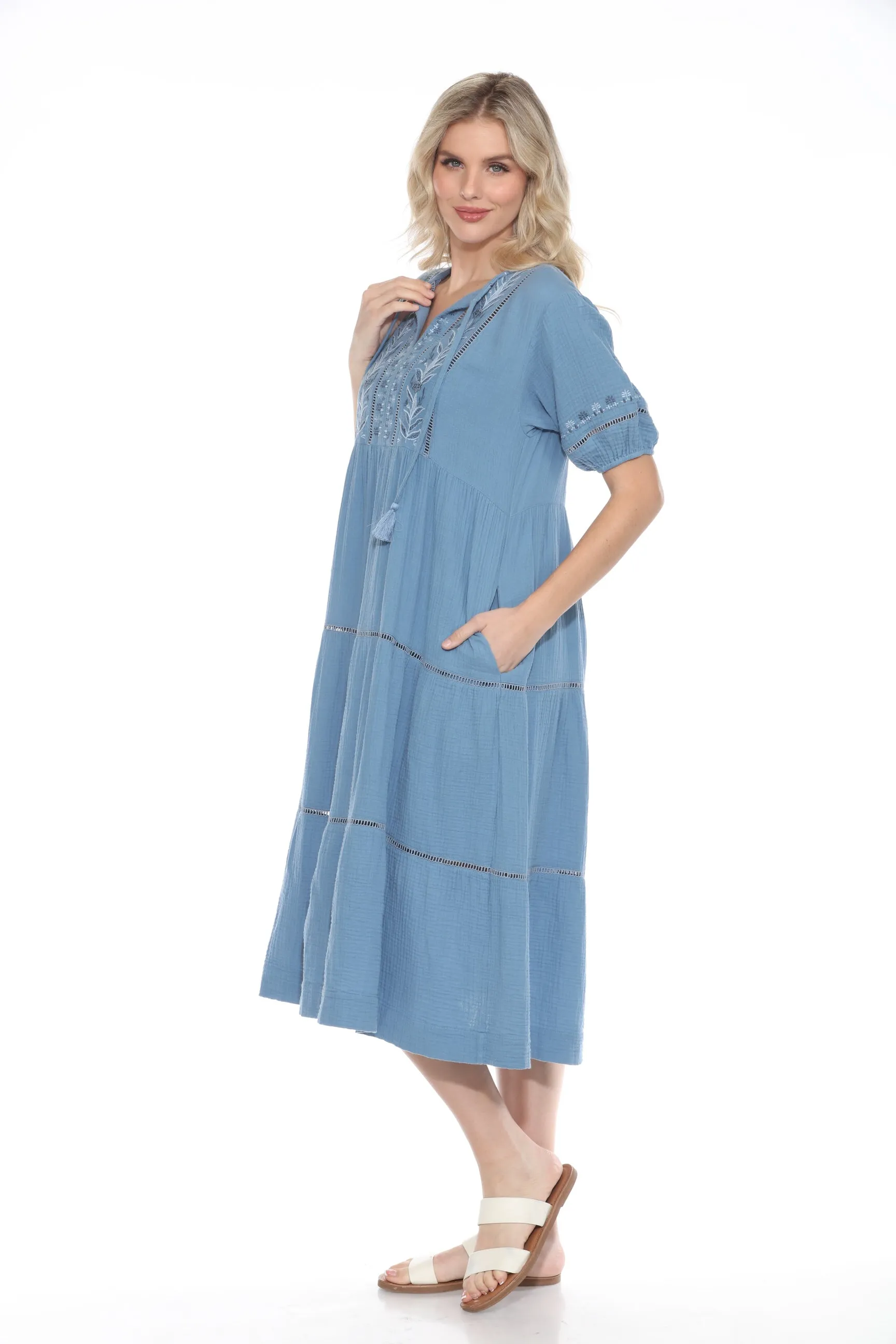Johnny Was Calme Puff Sleeve Tie Neck Midi Dress O31122 *