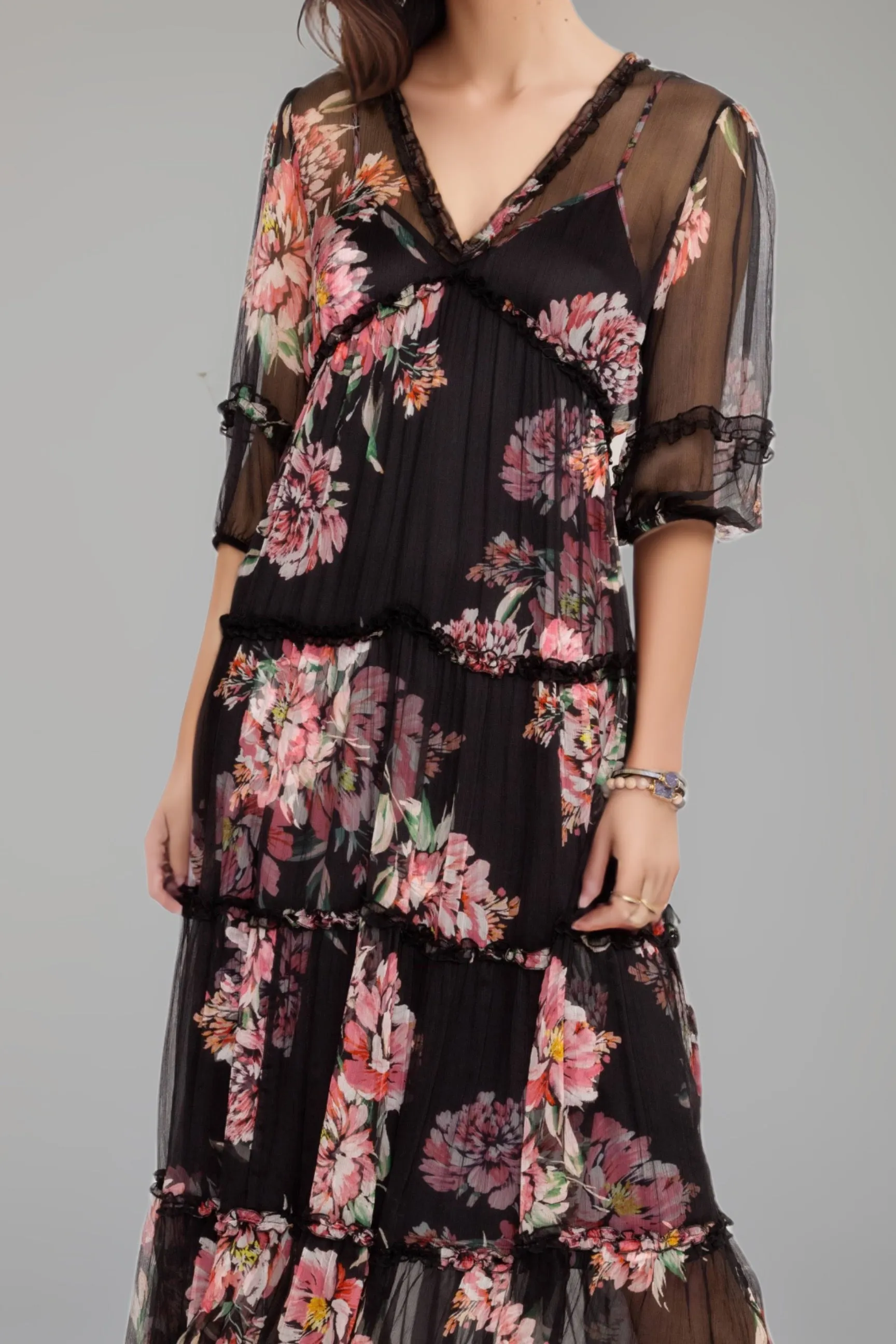 Johnny Was Jade Black Lizzy Ruffle Floral Chiffon Maxi Dress L31824