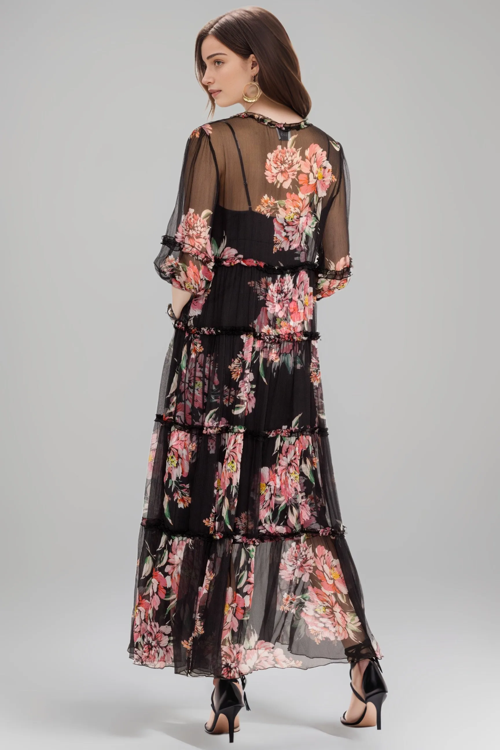 Johnny Was Jade Black Lizzy Ruffle Floral Chiffon Maxi Dress L31824