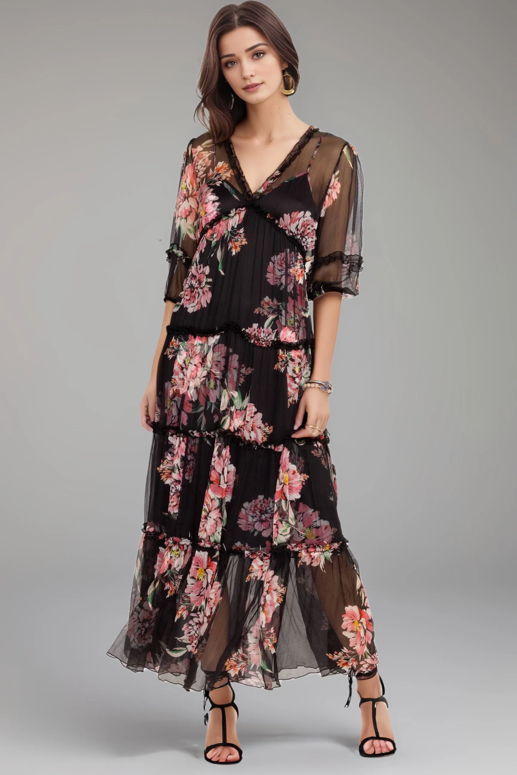 Johnny Was Jade Black Lizzy Ruffle Floral Chiffon Maxi Dress L31824