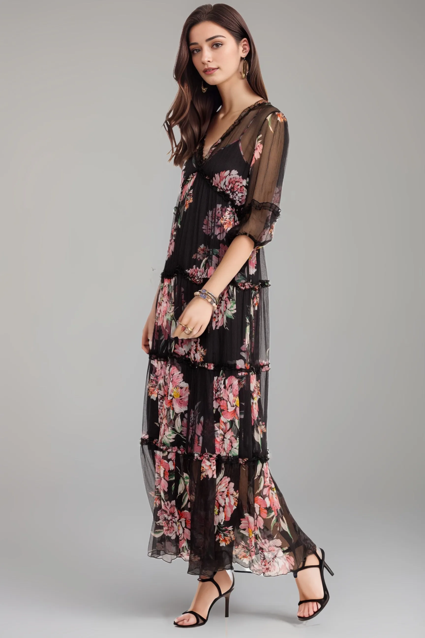 Johnny Was Jade Black Lizzy Ruffle Floral Chiffon Maxi Dress L31824