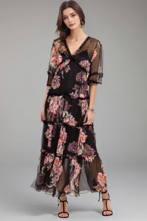 Johnny Was Jade Black Lizzy Ruffle Floral Chiffon Maxi Dress L31824