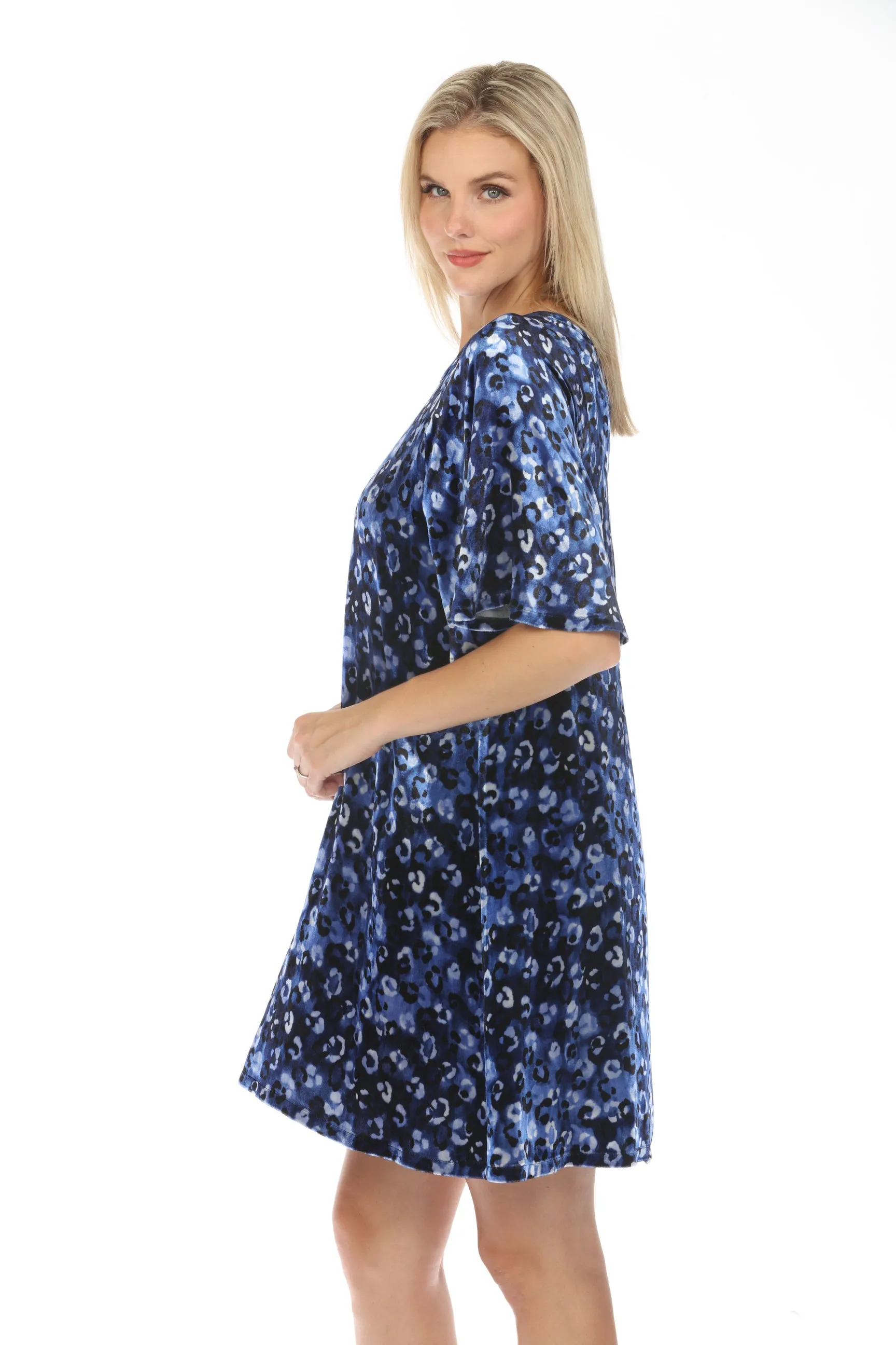 Johnny Was JWLA Blue Iris Leopard Velvet Flutter Sleeve Raglan Dress Boho Chic J33924