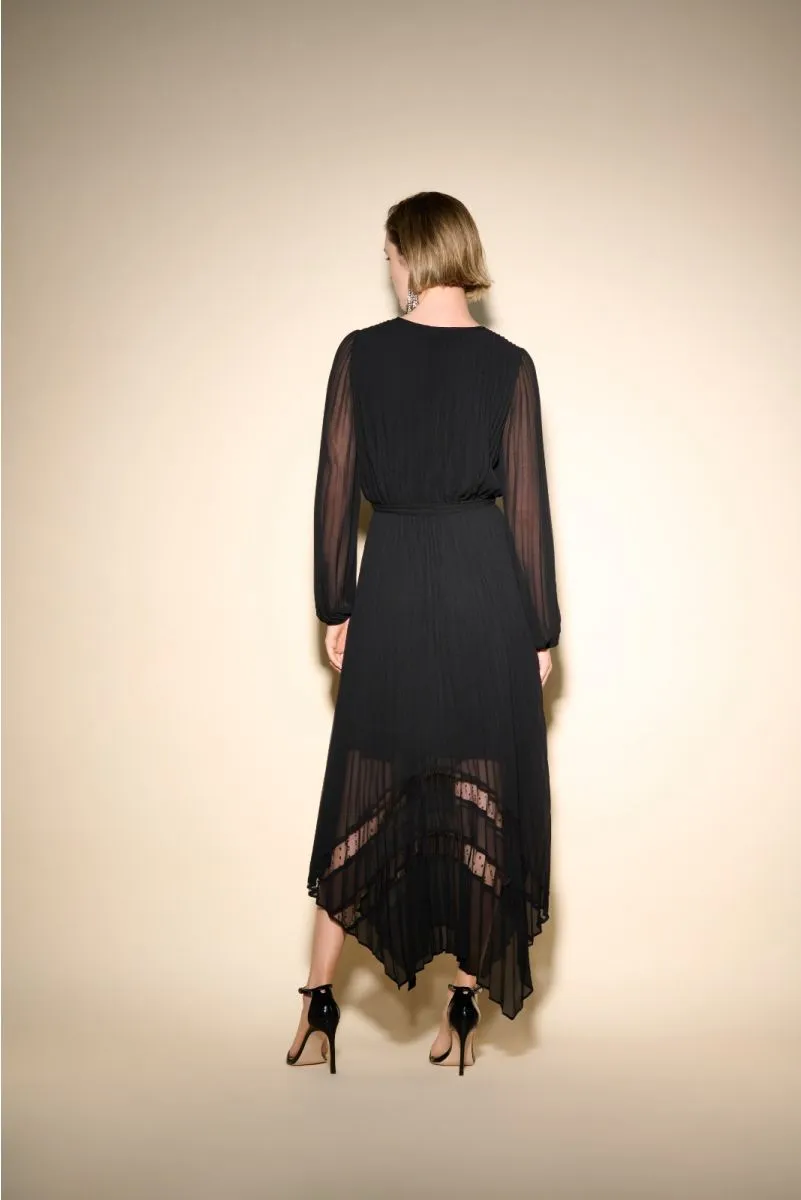 Joseph Ribkoff Pleated Chiffon Belted Asymmetric Maxi Dress 233708