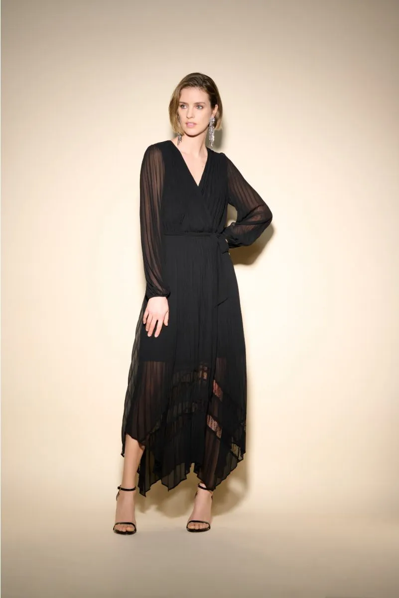 Joseph Ribkoff Pleated Chiffon Belted Asymmetric Maxi Dress 233708