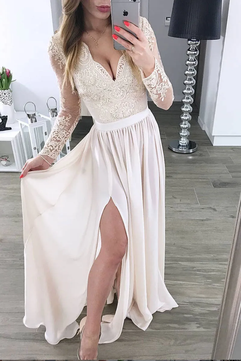 light champagne chiffon lace long prom dress, chiffon bridesmaid dress